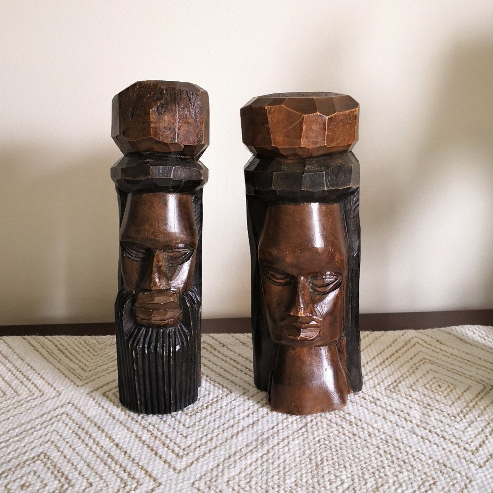 Hand‎ Carved Jamaican Solid Wood Tiki Totem Man & Woman Statues 8"-8.5"